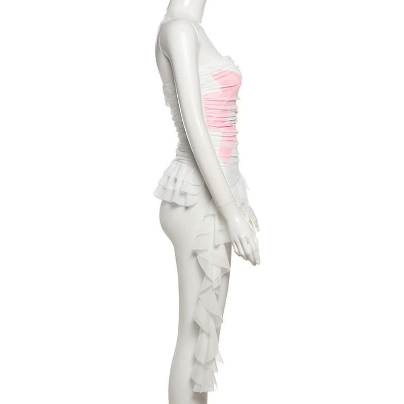 Fall Flirt Y2K Pink Bow Ruched Ruffle Tube Top - Trendy Strapless Crop