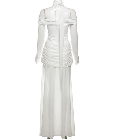 Glamorous White Cutout Maxi Dress | Off-Shoulder Mesh Sleeve Bodycon Gown for Fall & Holiday Galas