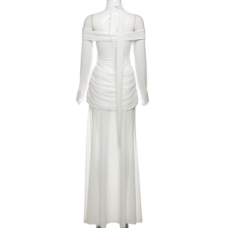 Glamorous White Cutout Maxi Dress | Off-Shoulder Mesh Sleeve Bodycon Gown for Fall & Holiday Galas