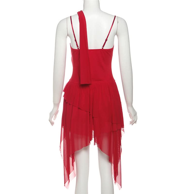 Crimson Asymmetrical Ruffle Mini Dress - Chic Holiday Party & Cocktail Statement for Women