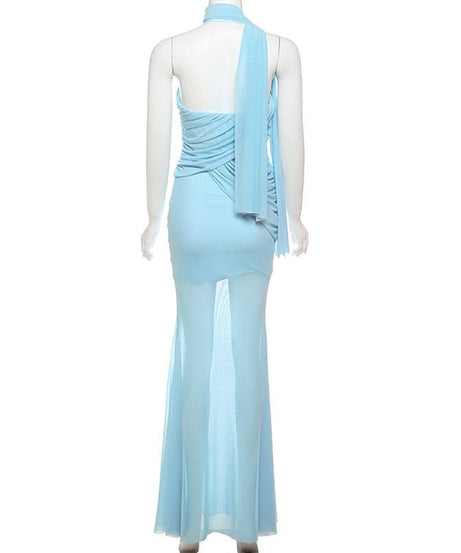 Enchanting Sky Blue Ruched Maxi Dress with Sheer Skirt & Drape - Holiday Galas & NYE Ready