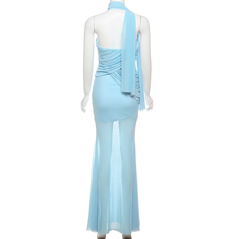 Enchanting Sky Blue Ruched Maxi Dress with Sheer Skirt & Drape - Holiday Galas & NYE Ready
