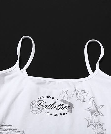 Y2K Edgy Graphic Cami Top – 'Cathethee' Spaghetti Strap Fall Layering Essential for Women