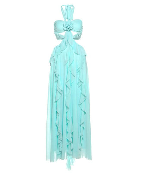 Ethereal Aqua Ruffle Halter Maxi Dress | Resort Chic & Holiday Escape Gown