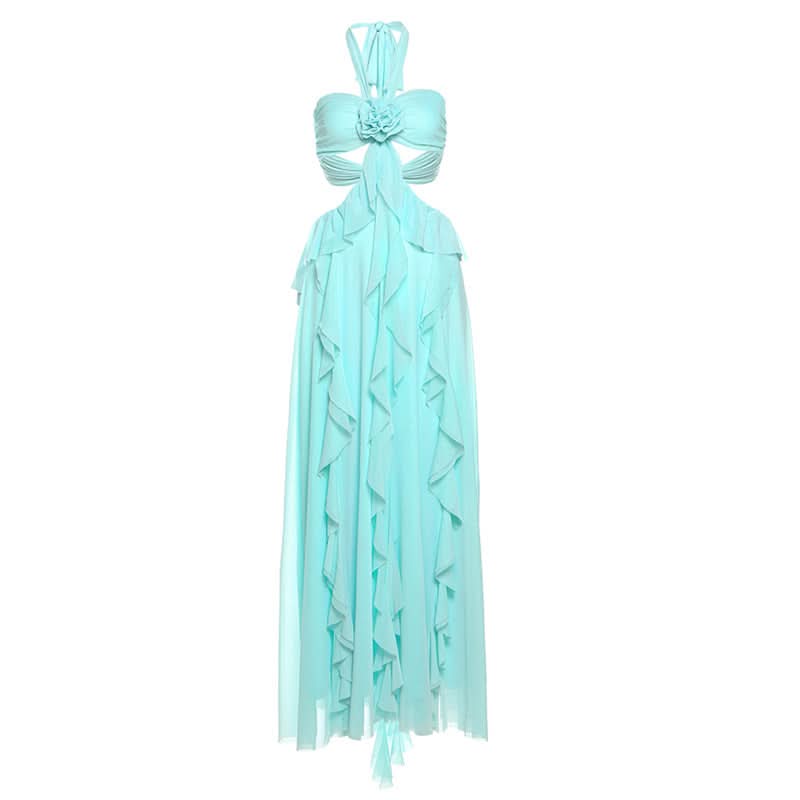 Ethereal Aqua Ruffle Halter Maxi Dress | Resort Chic & Holiday Escape Gown