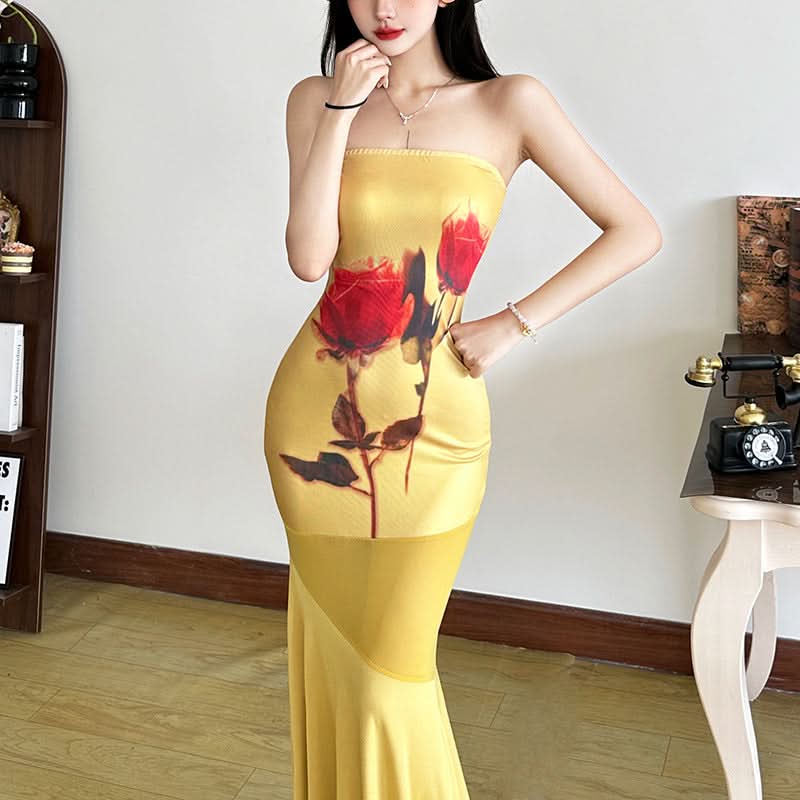 Golden Rose Autumn Nights Strapless Maxi Dress - Elegant Floral Statement Gown