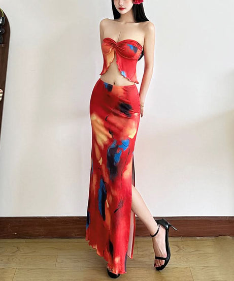 Fiery Abstract Print Strapless Crop Top & Slit Maxi Skirt Set | Vacation Ready