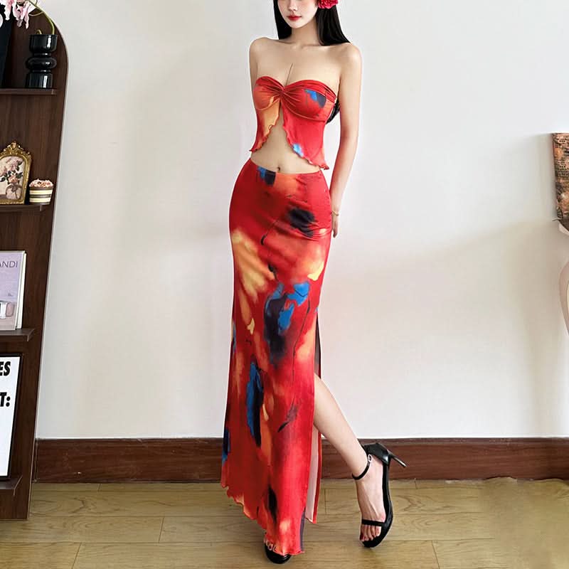 Fiery Abstract Print Strapless Crop Top & Slit Maxi Skirt Set | Vacation Ready