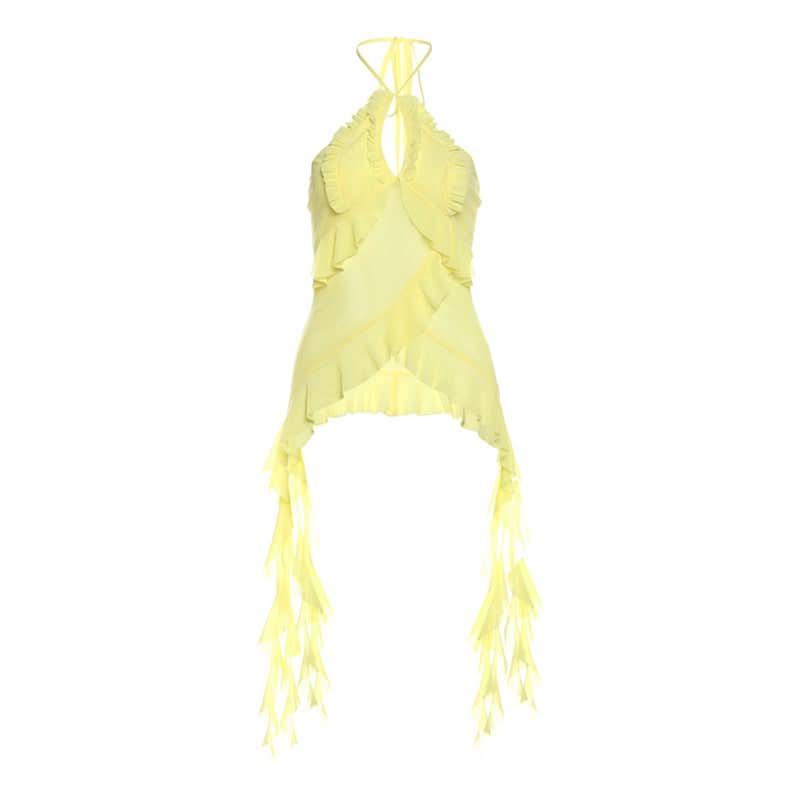 Limoncello Ruffle Halter Backless Top - Chic Flowy Tassel Hem for Resort & Fall Getaways