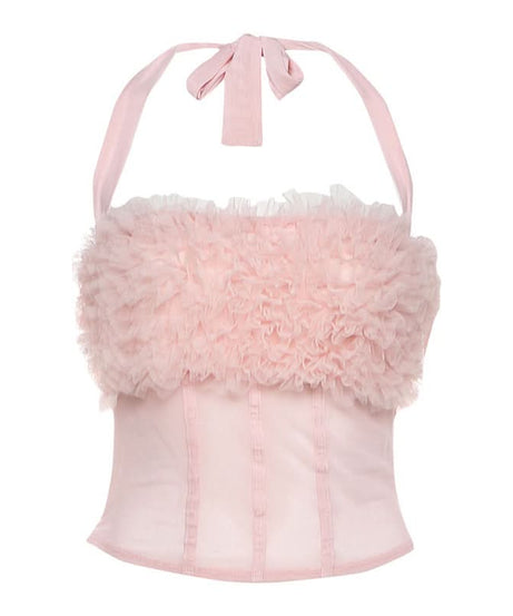 Dreamy Pink Ruffle Halter Corset Top – Flirty Fall Glam for Every Occasion