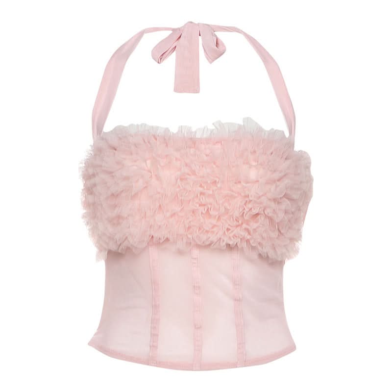Dreamy Pink Ruffle Halter Corset Top – Flirty Fall Glam for Every Occasion