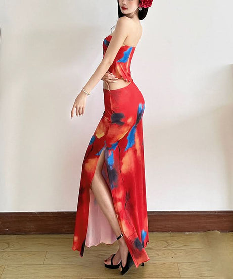 Fiery Abstract Print Strapless Crop Top & Slit Maxi Skirt Set | Vacation Ready
