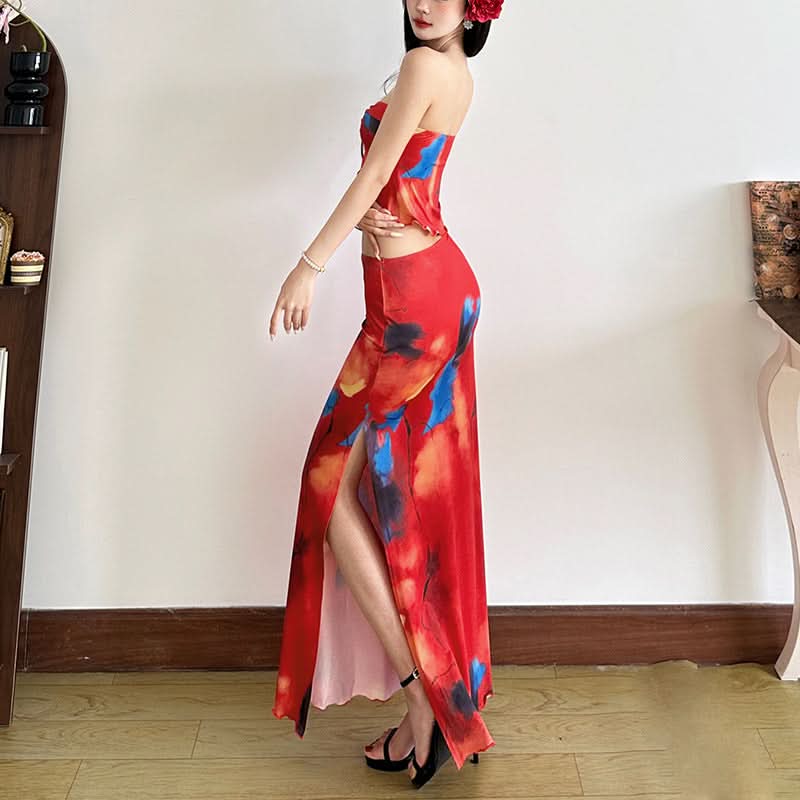 Fiery Abstract Print Strapless Crop Top & Slit Maxi Skirt Set | Vacation Ready