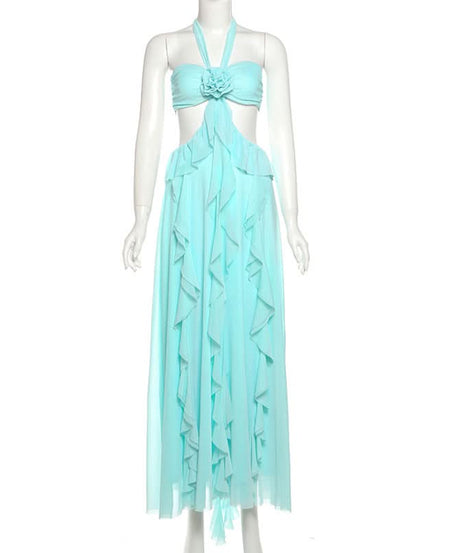 Ethereal Aqua Ruffle Halter Maxi Dress | Resort Chic & Holiday Escape Gown