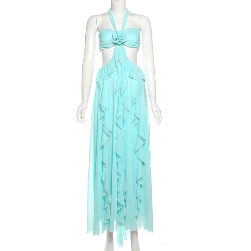 Ethereal Aqua Ruffle Halter Maxi Dress | Resort Chic & Holiday Escape Gown