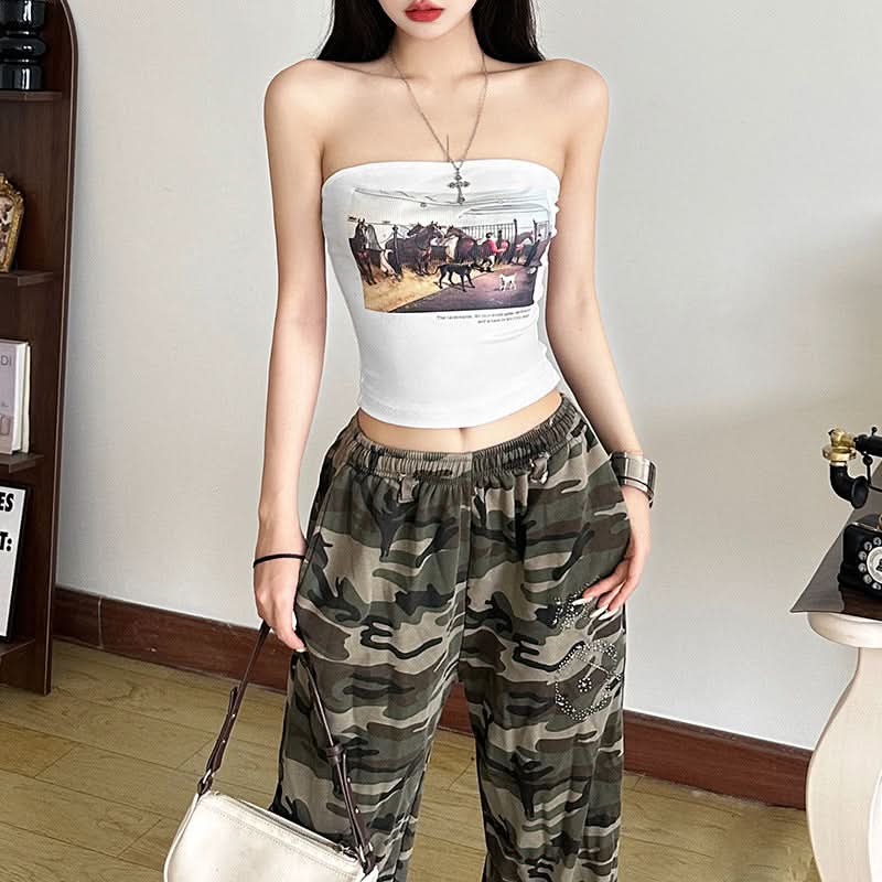 Y2K Vintage Vibe Graphic Tube Top - Ribbed Strapless Crop for Effortless Fall Style