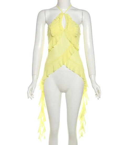 Limoncello Ruffle Halter Backless Top - Chic Flowy Tassel Hem for Resort & Fall Getaways
