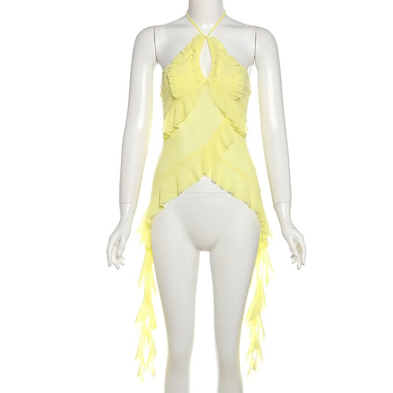 Limoncello Ruffle Halter Backless Top - Chic Flowy Tassel Hem for Resort & Fall Getaways