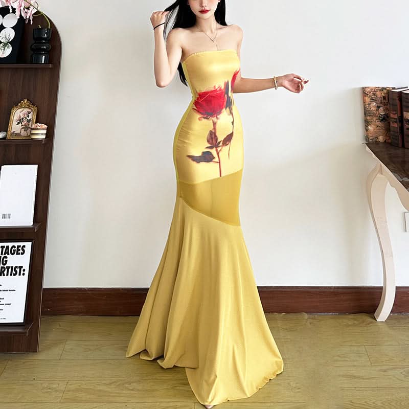 Golden Rose Autumn Nights Strapless Maxi Dress - Elegant Floral Statement Gown