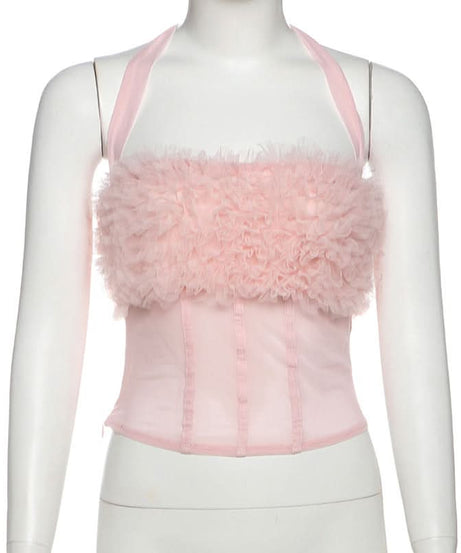 Dreamy Pink Ruffle Halter Corset Top – Flirty Fall Glam for Every Occasion
