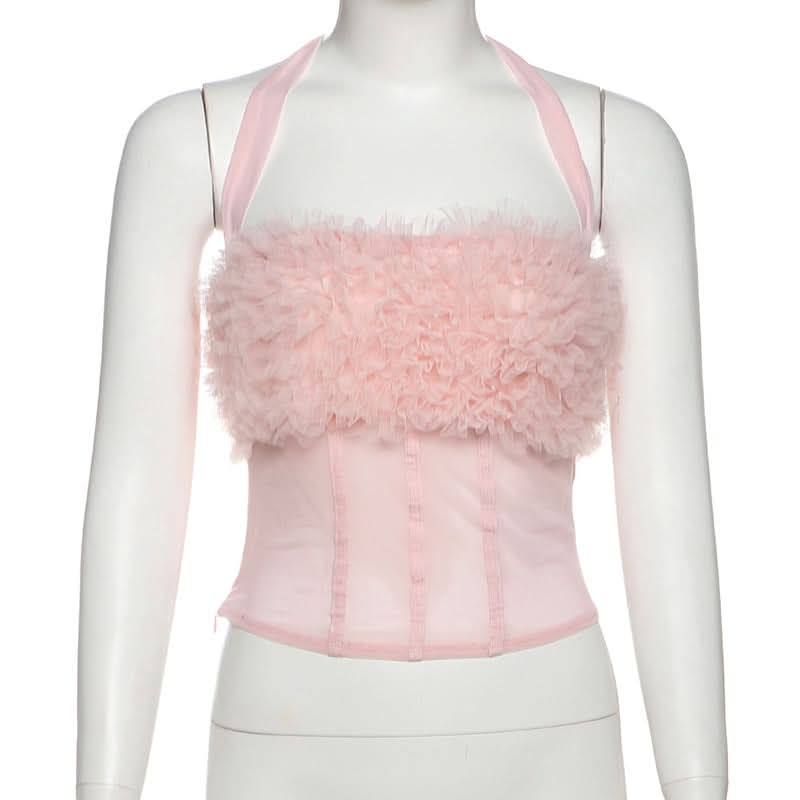 Dreamy Pink Ruffle Halter Corset Top – Flirty Fall Glam for Every Occasion