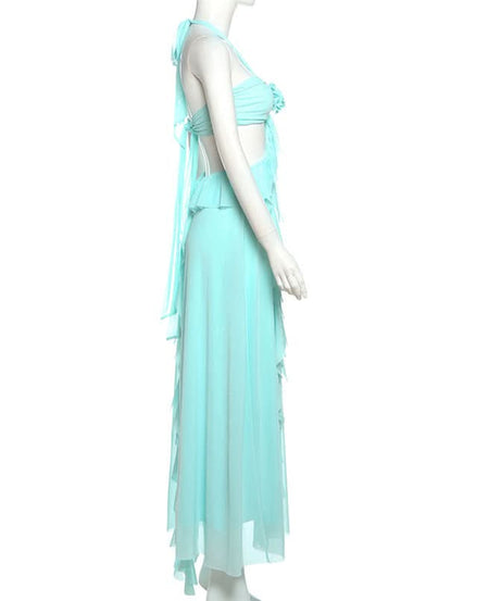 Ethereal Aqua Ruffle Halter Maxi Dress | Resort Chic & Holiday Escape Gown