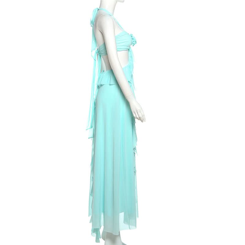 Ethereal Aqua Ruffle Halter Maxi Dress | Resort Chic & Holiday Escape Gown