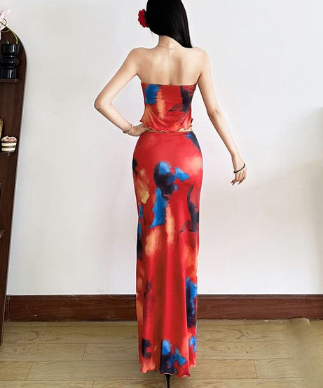 Fiery Abstract Print Strapless Crop Top & Slit Maxi Skirt Set | Vacation Ready