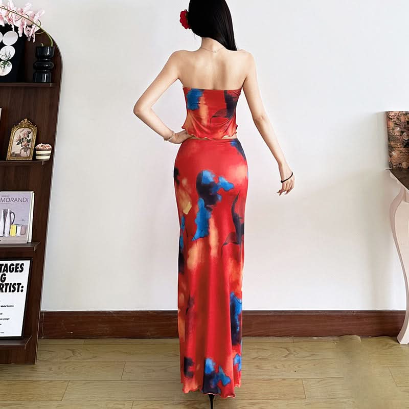 Fiery Abstract Print Strapless Crop Top & Slit Maxi Skirt Set | Vacation Ready