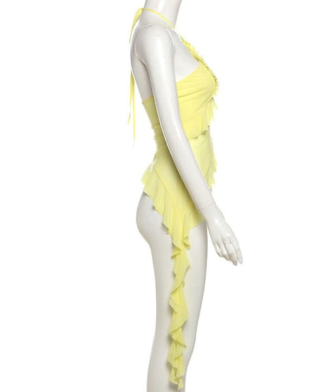 Limoncello Ruffle Halter Backless Top - Chic Flowy Tassel Hem for Resort & Fall Getaways