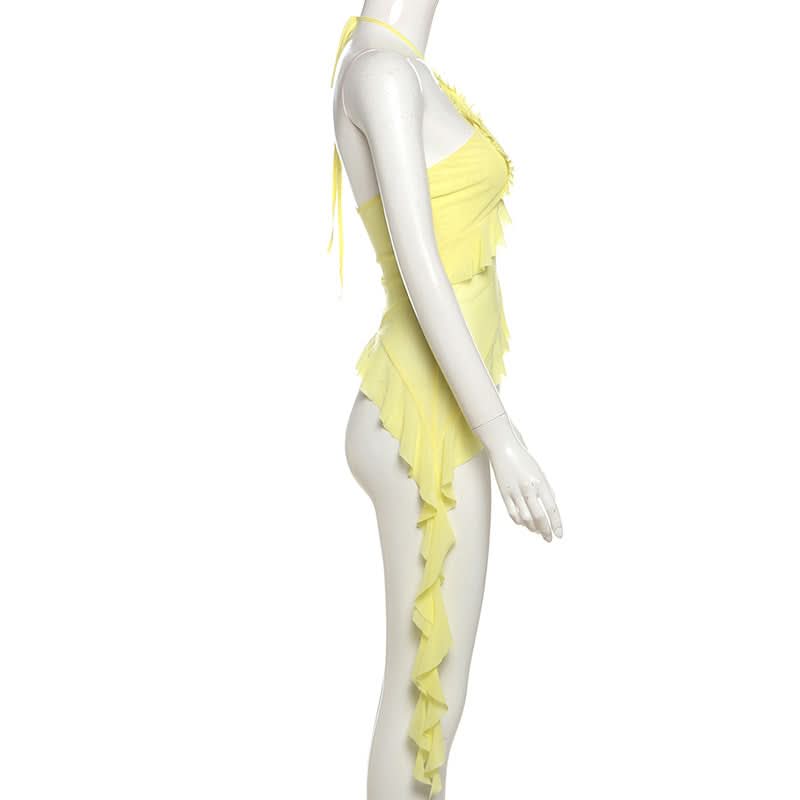Limoncello Ruffle Halter Backless Top - Chic Flowy Tassel Hem for Resort & Fall Getaways
