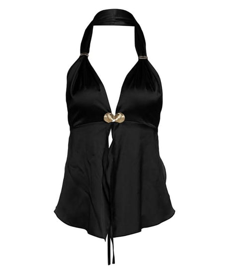 Sultry Black Satin Halter Top with Gold Shell Appliques – Your Ultimate Fall & Holiday Party Statement Piece