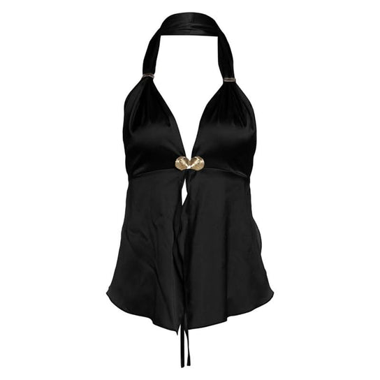 Sultry Black Satin Halter Top with Gold Shell Appliques – Your Ultimate Fall & Holiday Party Statement Piece