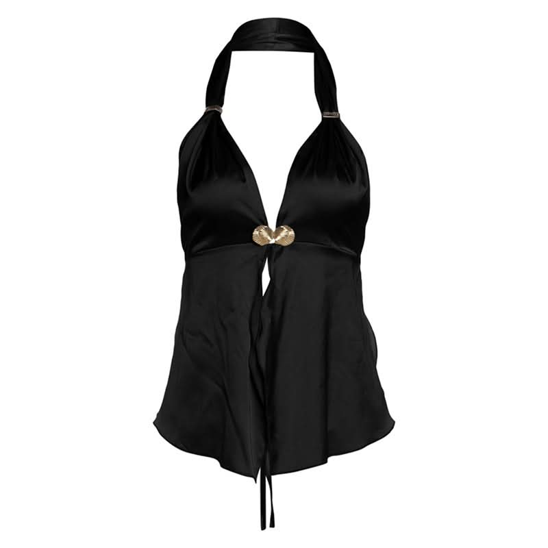 Sultry Black Satin Halter Top with Gold Shell Appliques – Your Ultimate Fall & Holiday Party Statement Piece