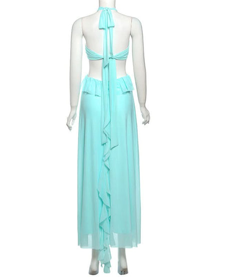 Ethereal Aqua Ruffle Halter Maxi Dress | Resort Chic & Holiday Escape Gown