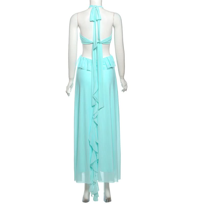 Ethereal Aqua Ruffle Halter Maxi Dress | Resort Chic & Holiday Escape Gown
