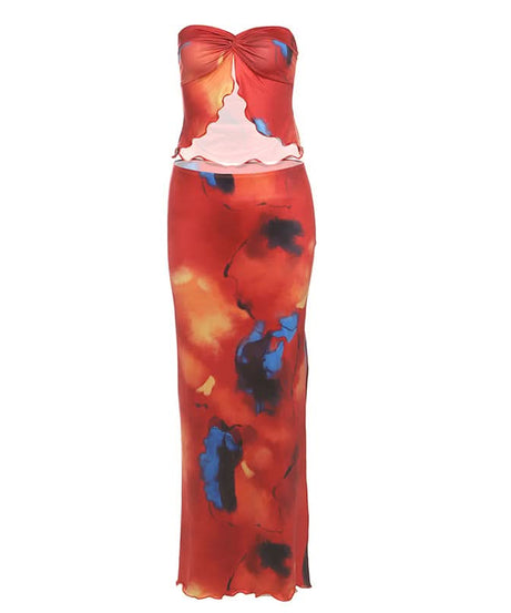Fiery Abstract Print Strapless Crop Top & Slit Maxi Skirt Set | Vacation Ready