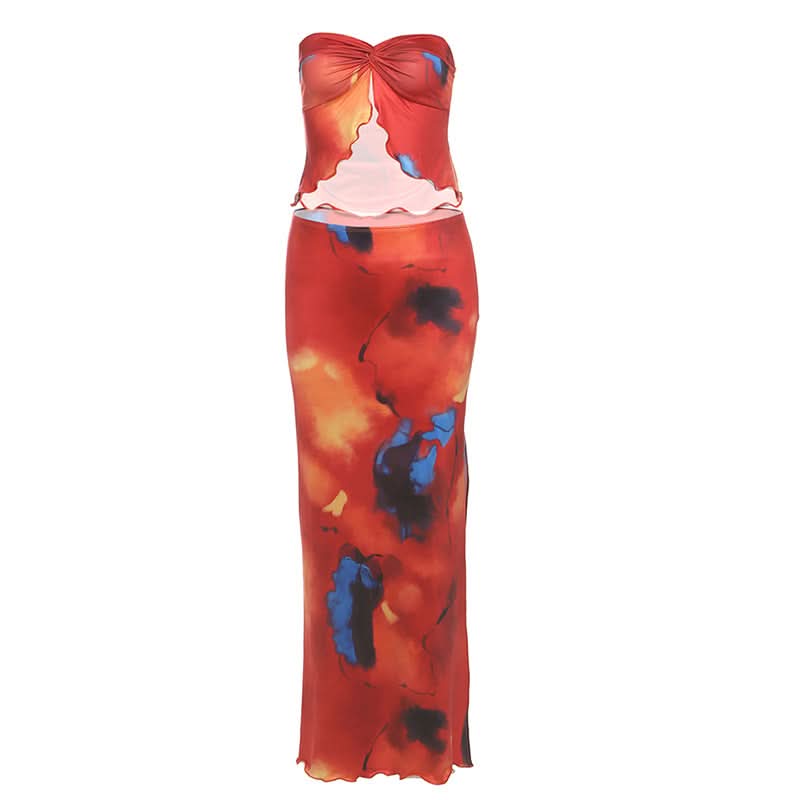 Fiery Abstract Print Strapless Crop Top & Slit Maxi Skirt Set | Vacation Ready