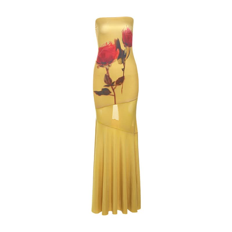Golden Rose Autumn Nights Strapless Maxi Dress - Elegant Floral Statement Gown