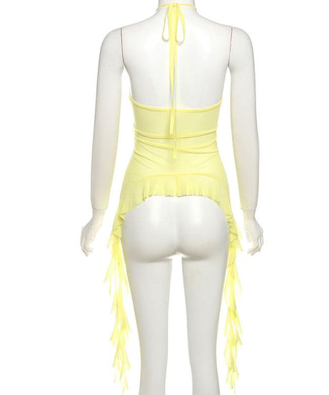 Limoncello Ruffle Halter Backless Top - Chic Flowy Tassel Hem for Resort & Fall Getaways