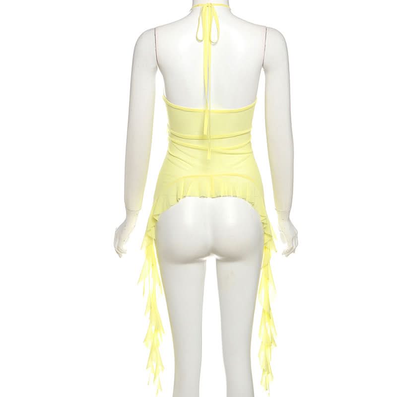 Limoncello Ruffle Halter Backless Top - Chic Flowy Tassel Hem for Resort & Fall Getaways