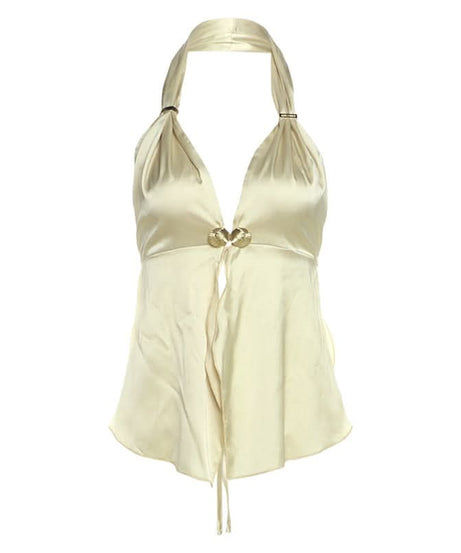 Sultry Black Satin Halter Top with Gold Shell Appliques – Your Ultimate Fall & Holiday Party Statement Piece