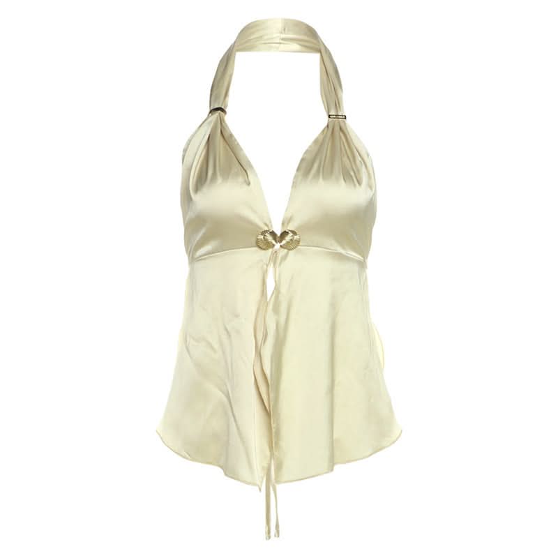 Sultry Black Satin Halter Top with Gold Shell Appliques – Your Ultimate Fall & Holiday Party Statement Piece