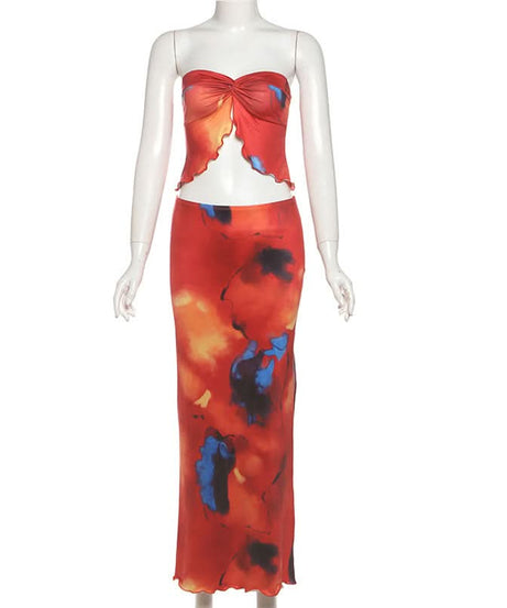 Fiery Abstract Print Strapless Crop Top & Slit Maxi Skirt Set | Vacation Ready