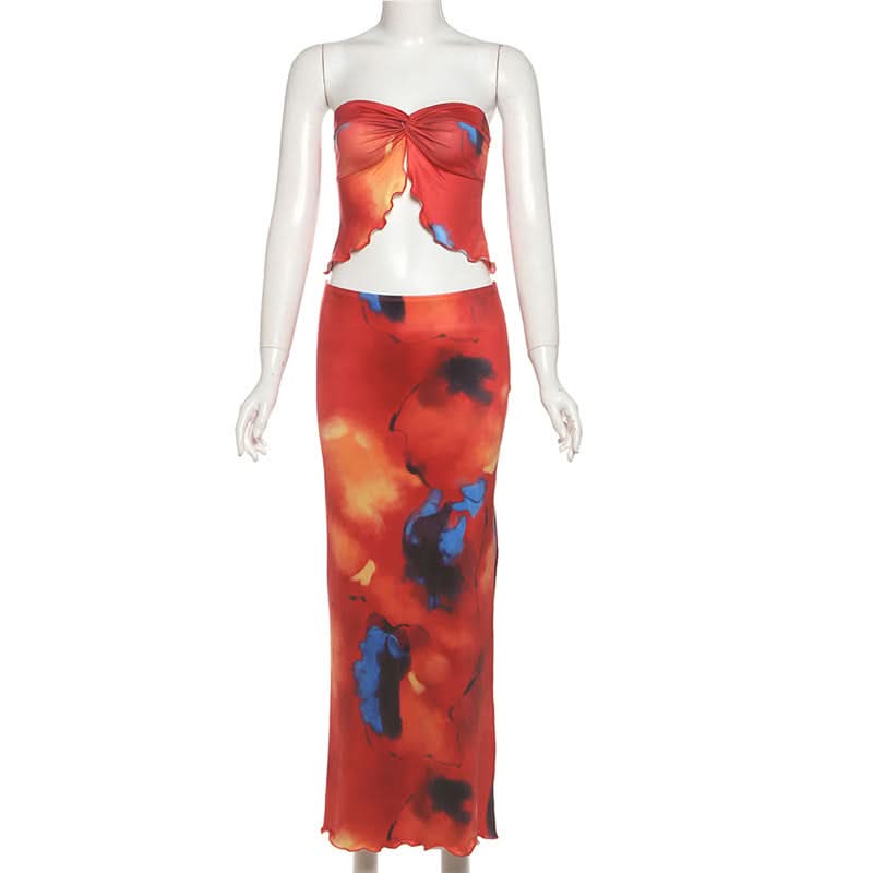 Fiery Abstract Print Strapless Crop Top & Slit Maxi Skirt Set | Vacation Ready
