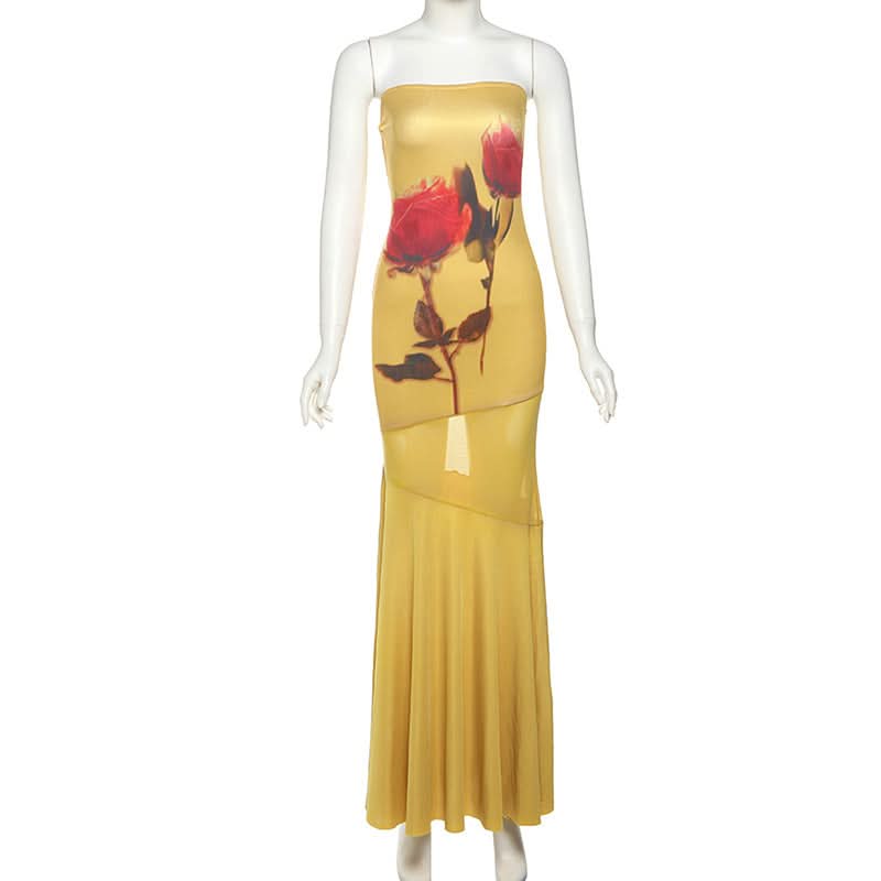 Golden Rose Autumn Nights Strapless Maxi Dress - Elegant Floral Statement Gown