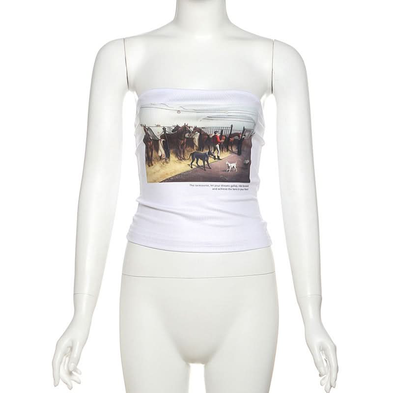 Y2K Vintage Vibe Graphic Tube Top - Ribbed Strapless Crop for Effortless Fall Style