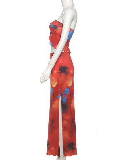 Fiery Abstract Print Strapless Crop Top & Slit Maxi Skirt Set | Vacation Ready