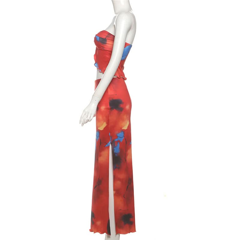Fiery Abstract Print Strapless Crop Top & Slit Maxi Skirt Set | Vacation Ready