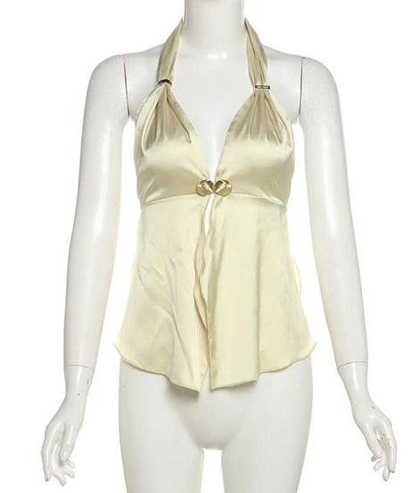 Sultry Black Satin Halter Top with Gold Shell Appliques – Your Ultimate Fall & Holiday Party Statement Piece
